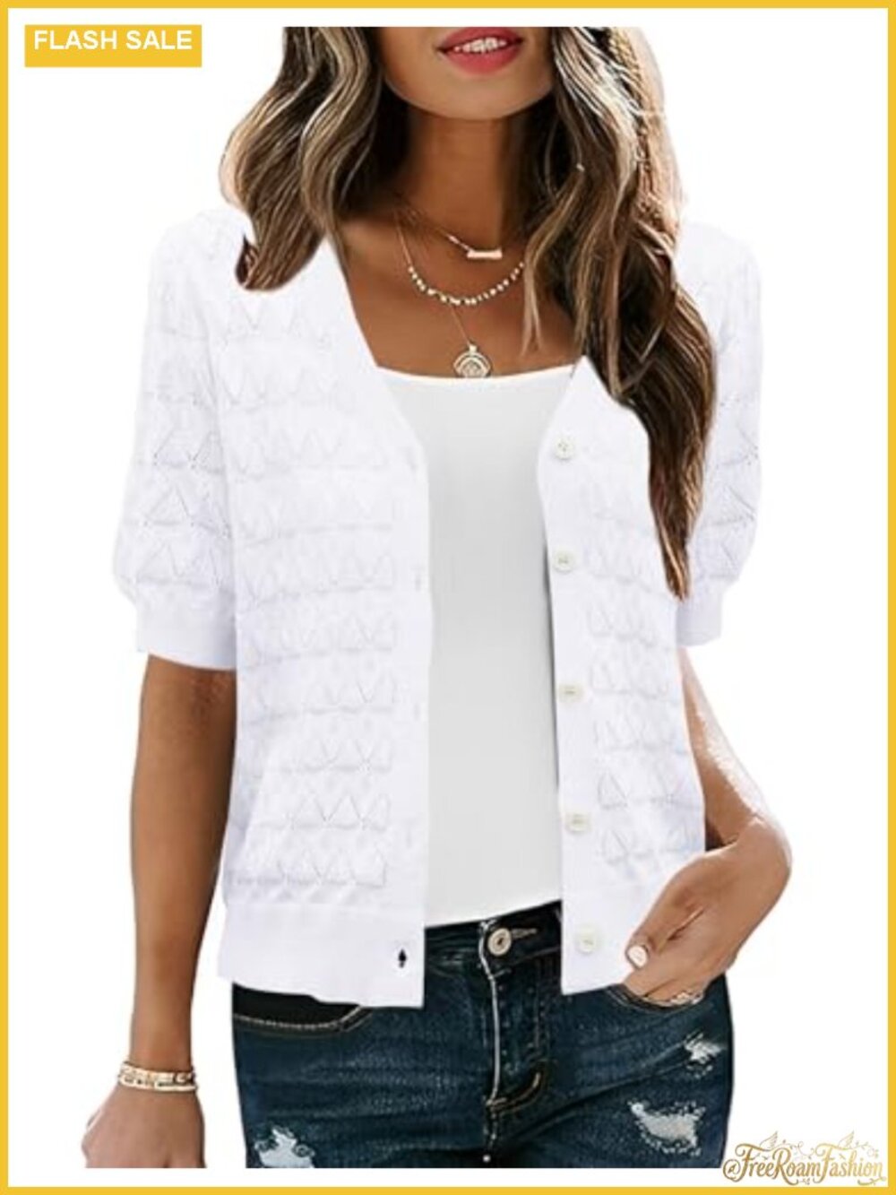 100% Viscose Crochet Cardigan for Women Short Sleeve Knit Shrug